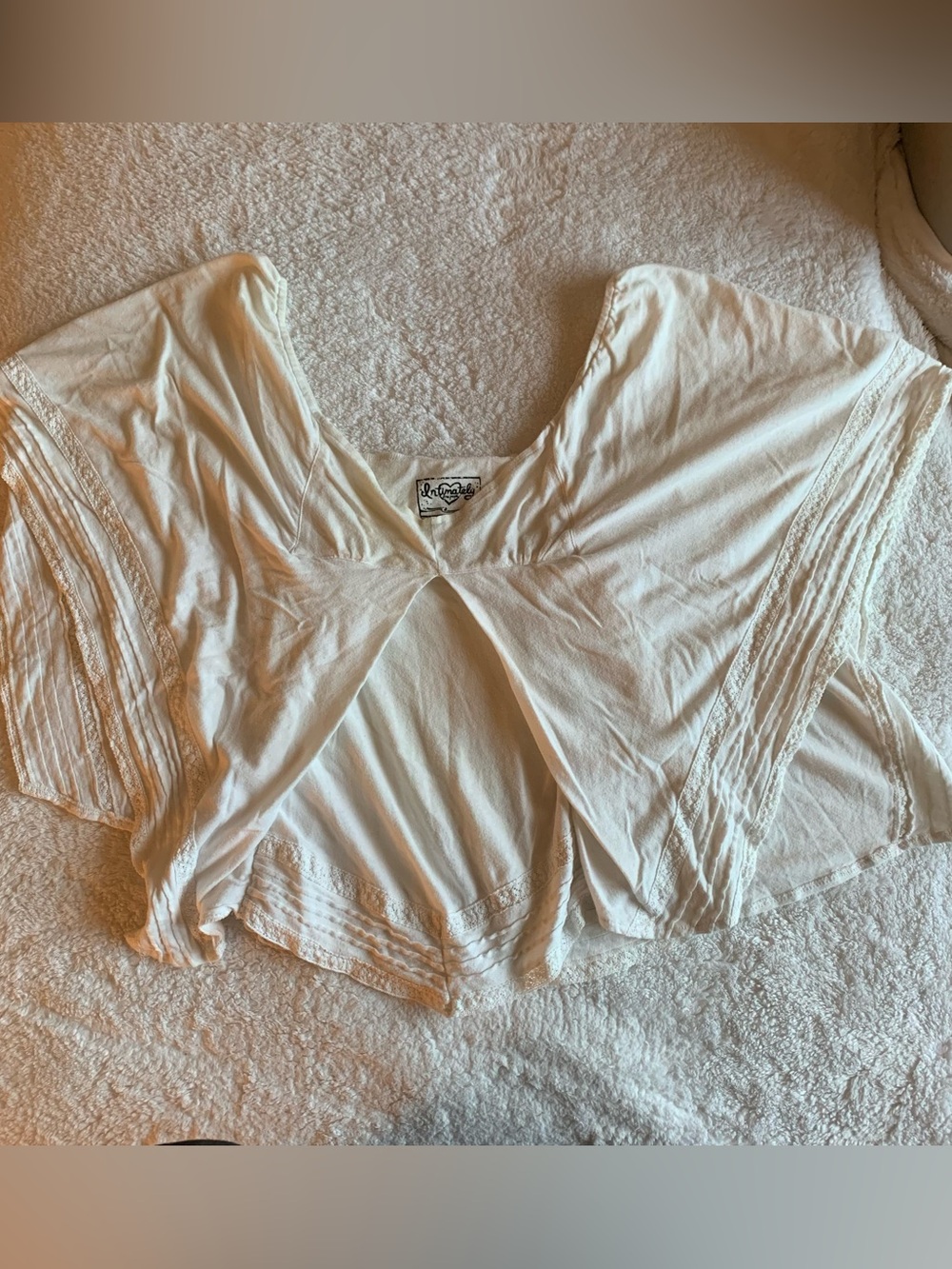Intimately Free People White Boho Lace Trim Flutter Sleeve Kaftan Blouse Top